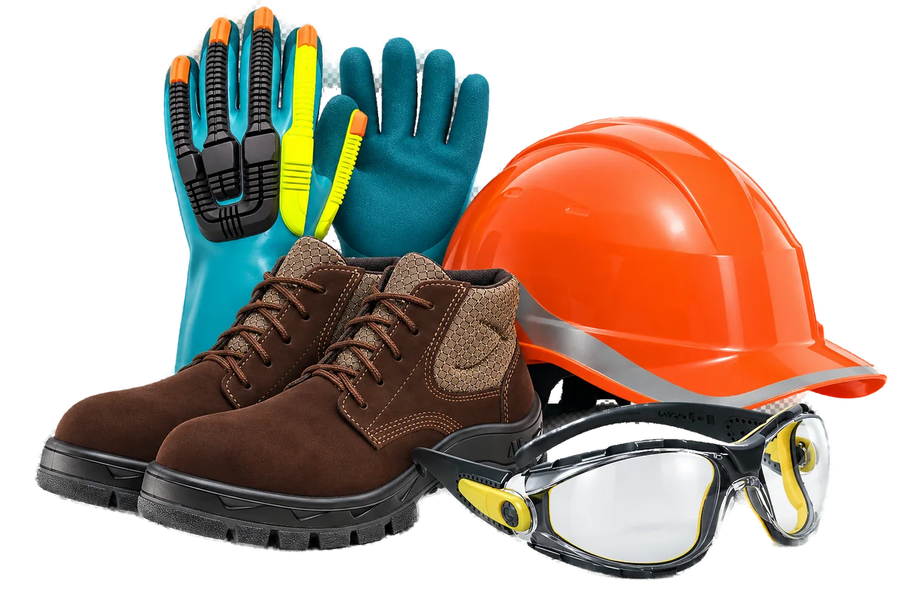 Conjunto de equipamentos de proteção: capacete laranja, botinas, luvas e óculos de segurança